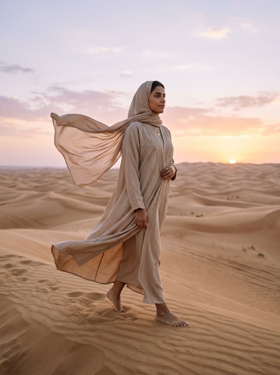 AI product photography scene — abaya beige desert dunes sunset | rawbit