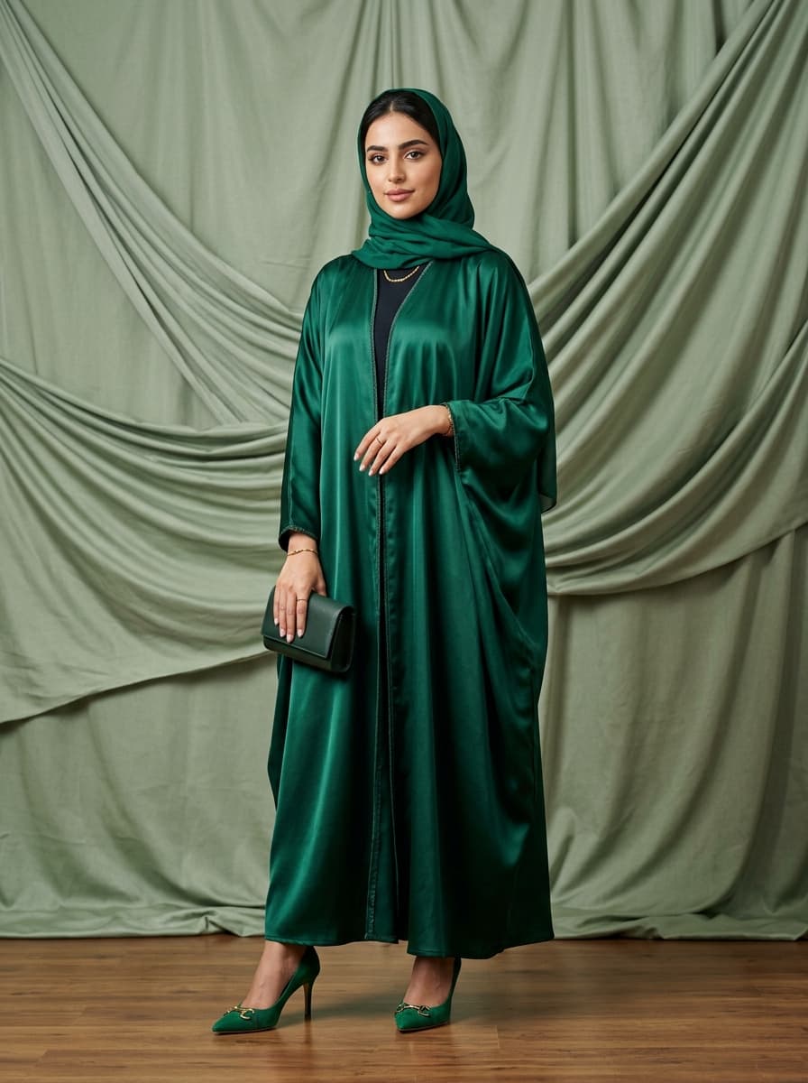 AI product photography scene — abaya emerald satin green draped fabric | rawbit