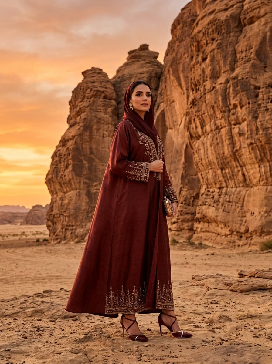AI product photography scene — abaya maroon embroidered desert canyon sunset | rawbit