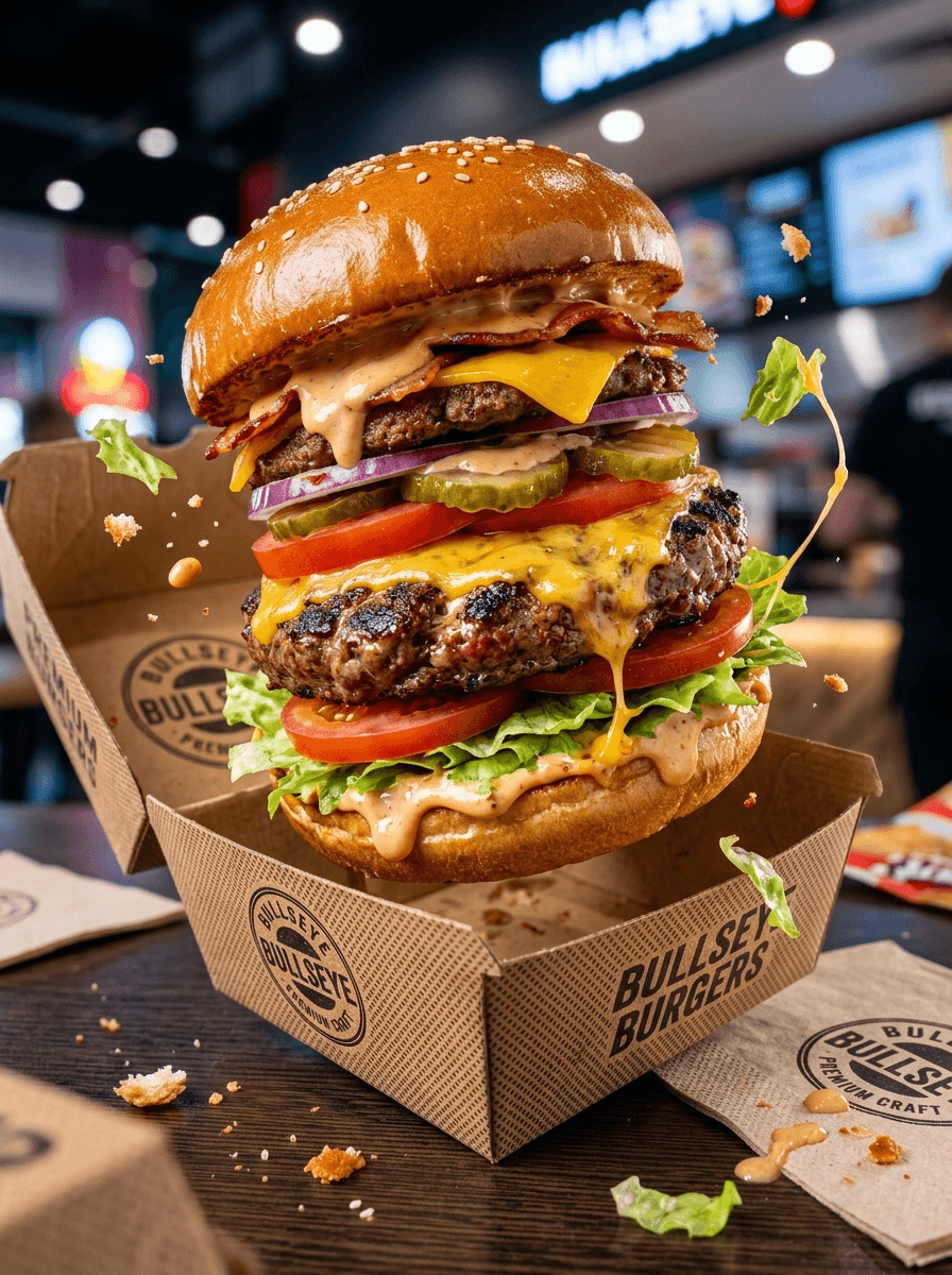 AI product photography scene — food bullseye burger bursting from box | rawbit