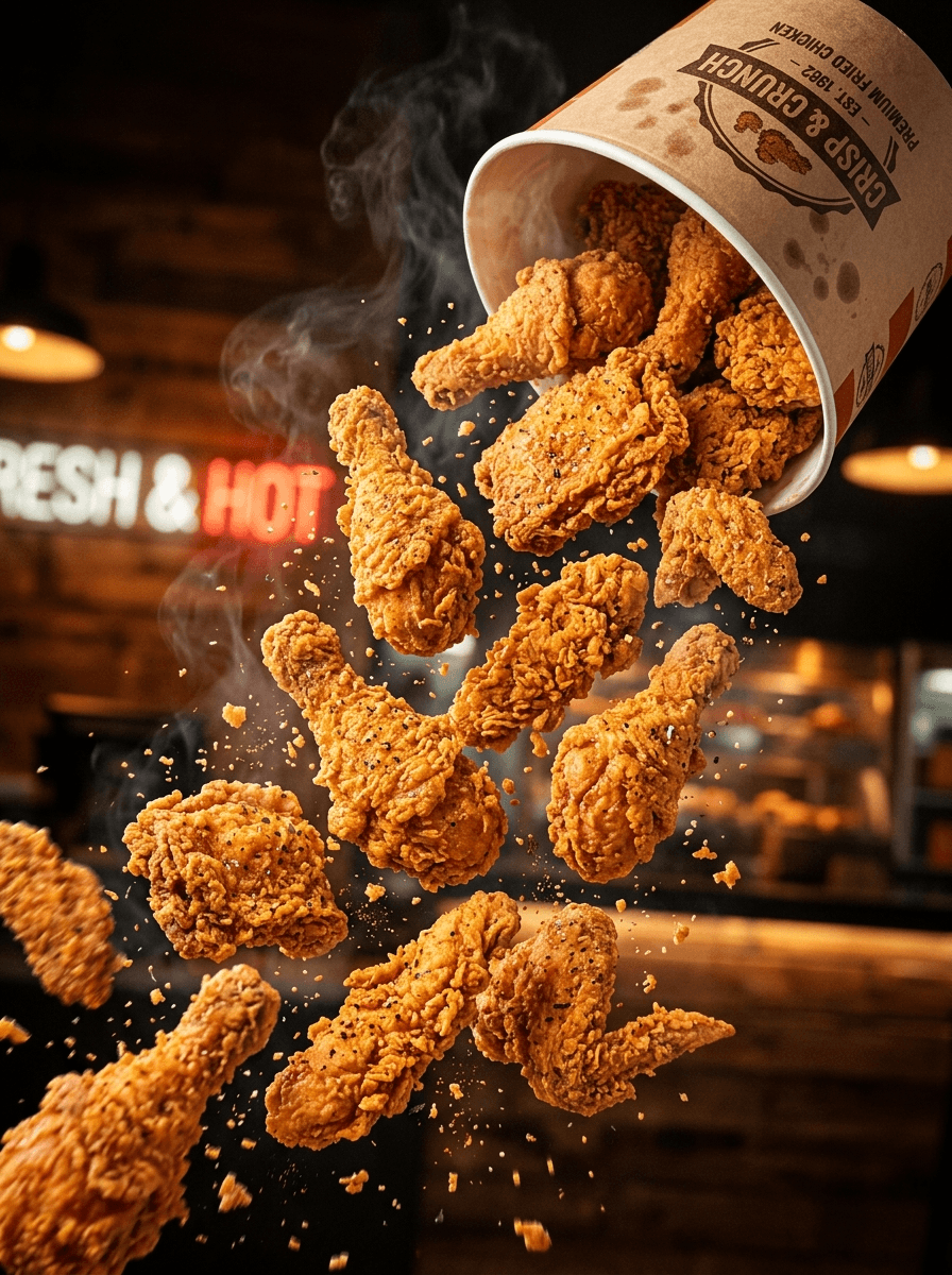 AI product photography scene — food crispy fried chicken tumbling bucket | rawbit