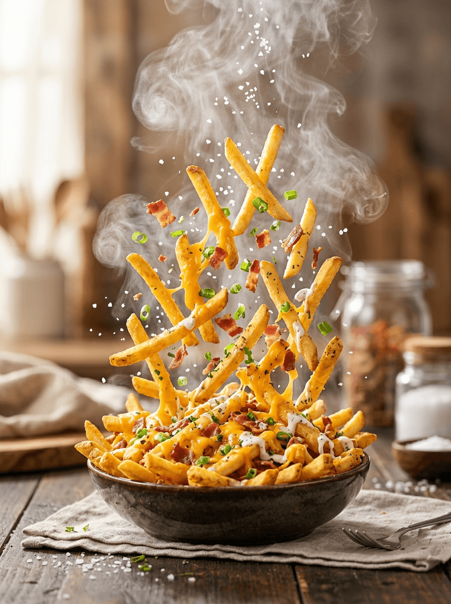 AI product photography scene — food loaded cheese fries rustic steam | rawbit