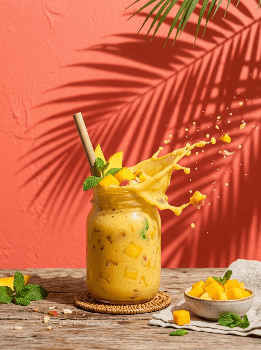 AI product photography scene — food mango smoothie splash coral backdrop | rawbit