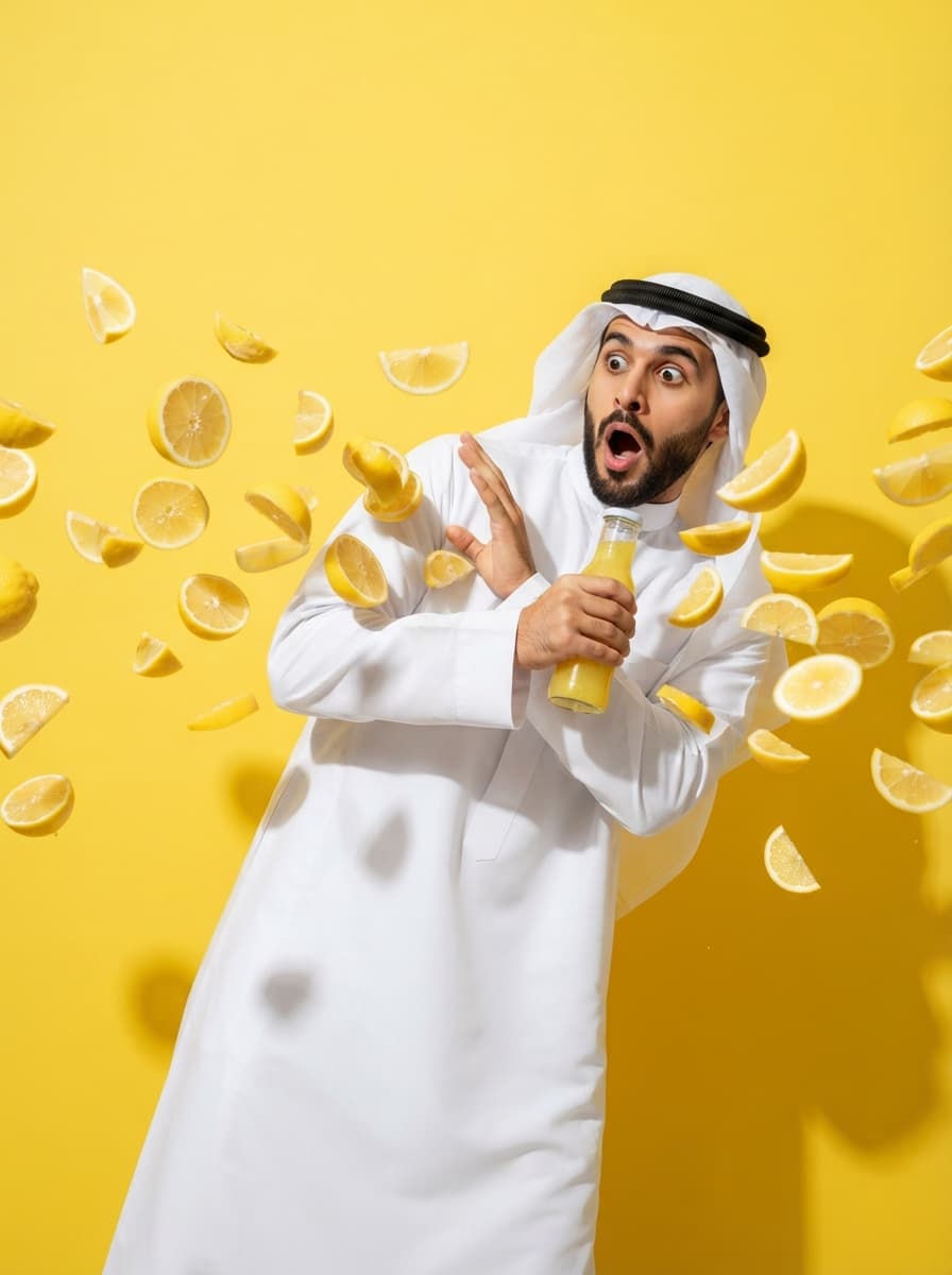AI product photography scene — gulf man shocked flying lemons | rawbit