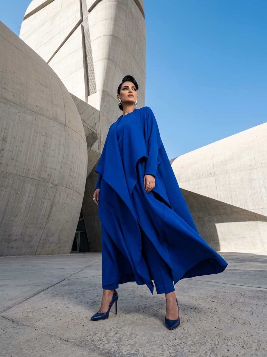 AI product photography scene — kaftan cobalt blue sculptural concrete | rawbit