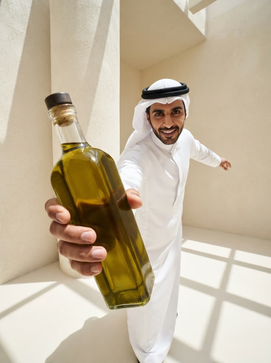 AI product photography scene — man emirati offering olive oil bottle | rawbit