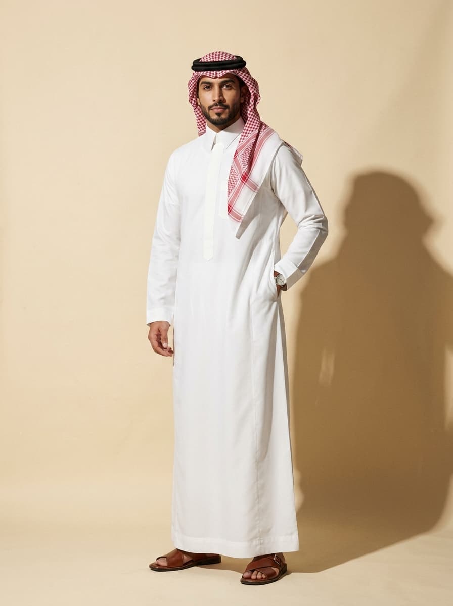 AI product photography scene — man saudi white thobe red shemagh | rawbit
