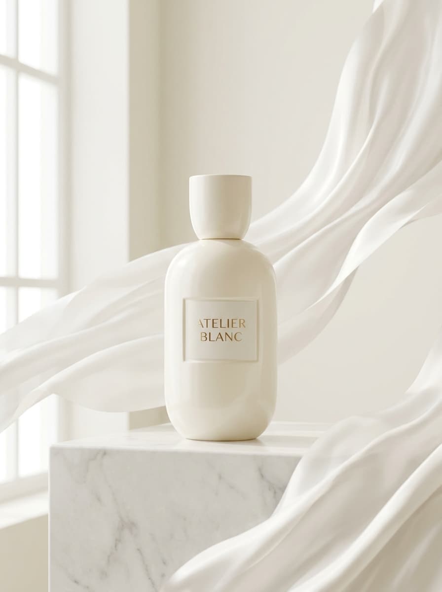 AI product photography scene — perfume atelier blanc marble flowing silk | rawbit