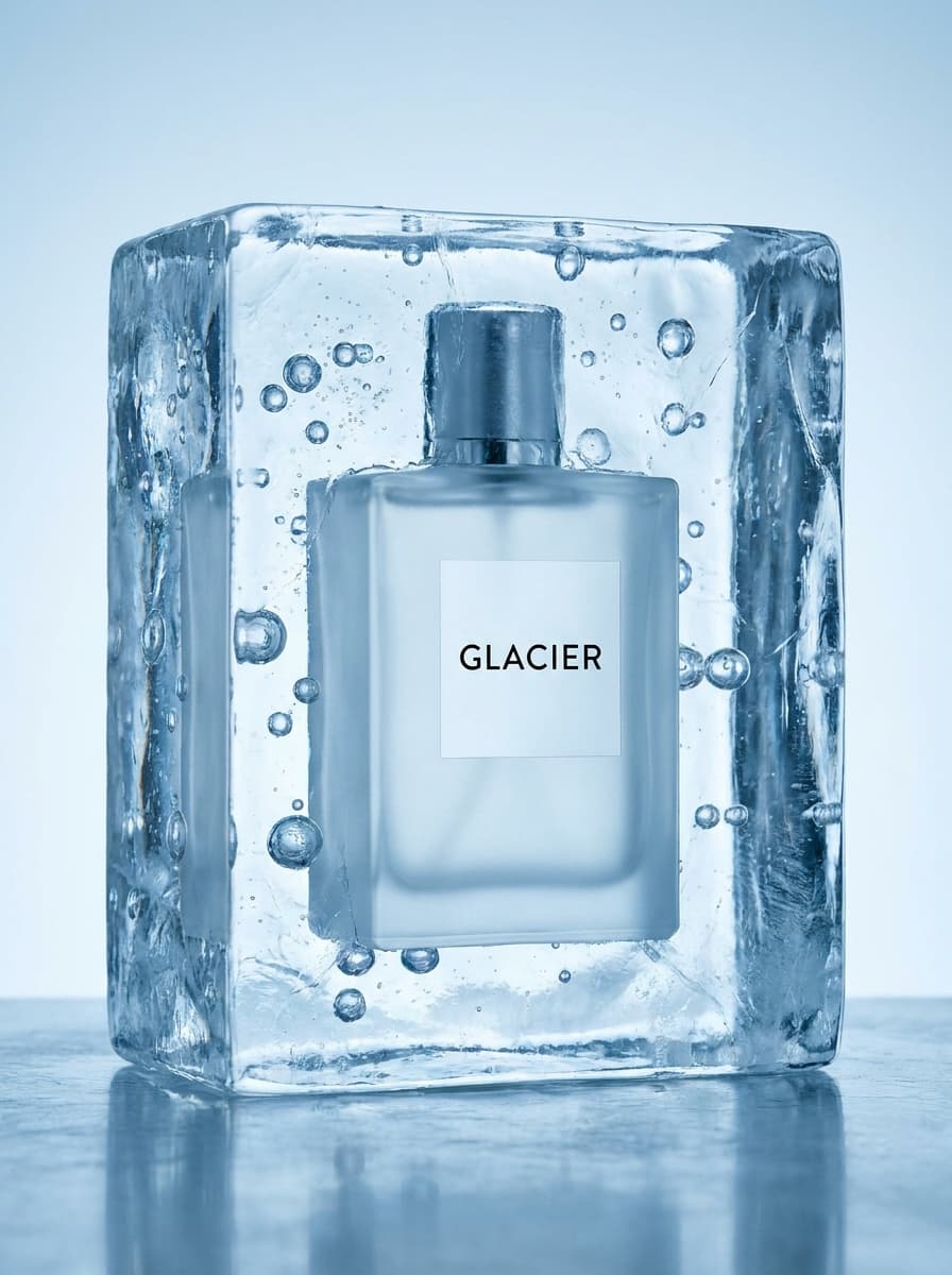 AI product photography scene — perfume glacier frozen ice block | rawbit