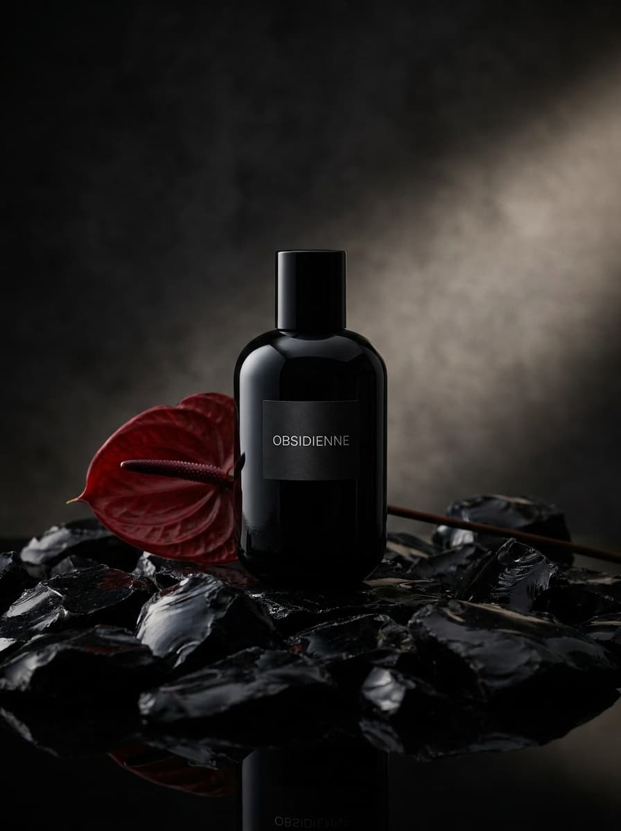 AI product photography scene — perfume obsidienne black obsidian red anthurium | rawbit
