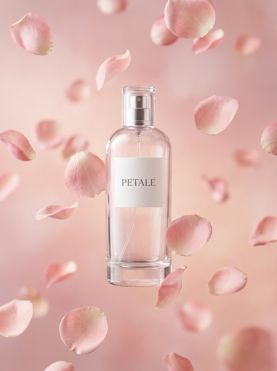 AI product photography scene — perfume petale falling rose petals | rawbit
