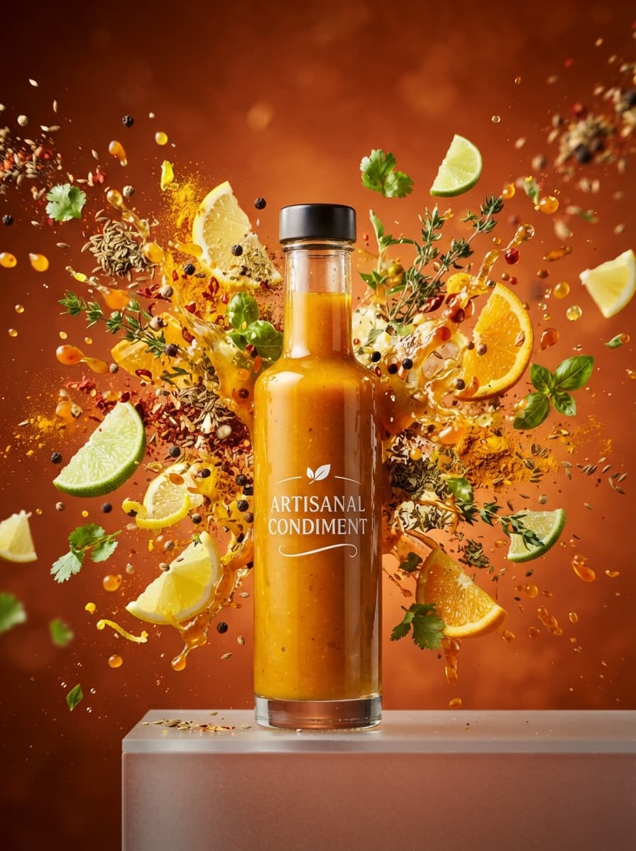 AI product photography scene — product artisanal condiment bottle exploding spices | rawbit