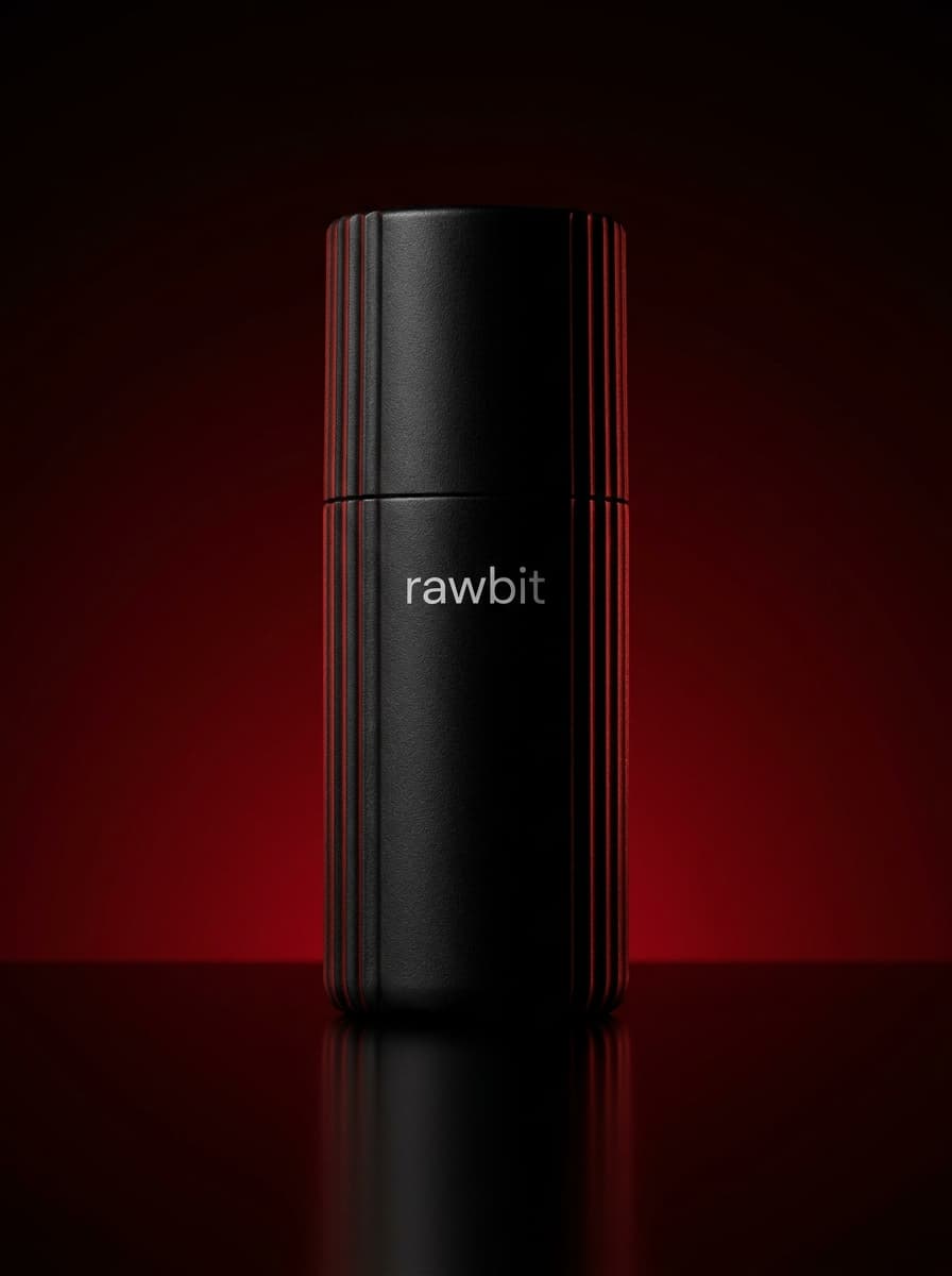 AI product photography scene — rawbit black bottle red backdrop | rawbit