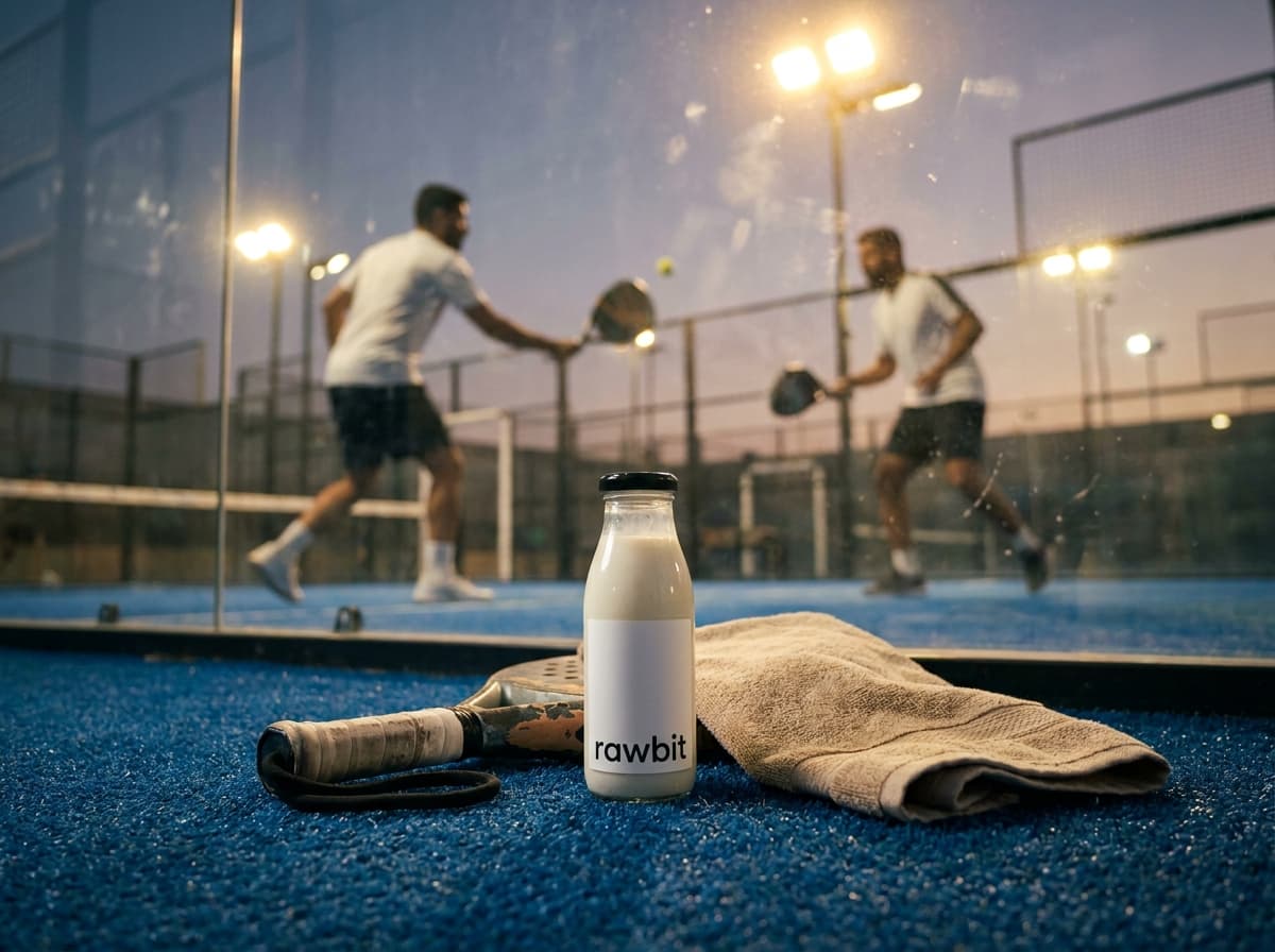 AI product photography scene — rawbit bottle courtside night padel | rawbit