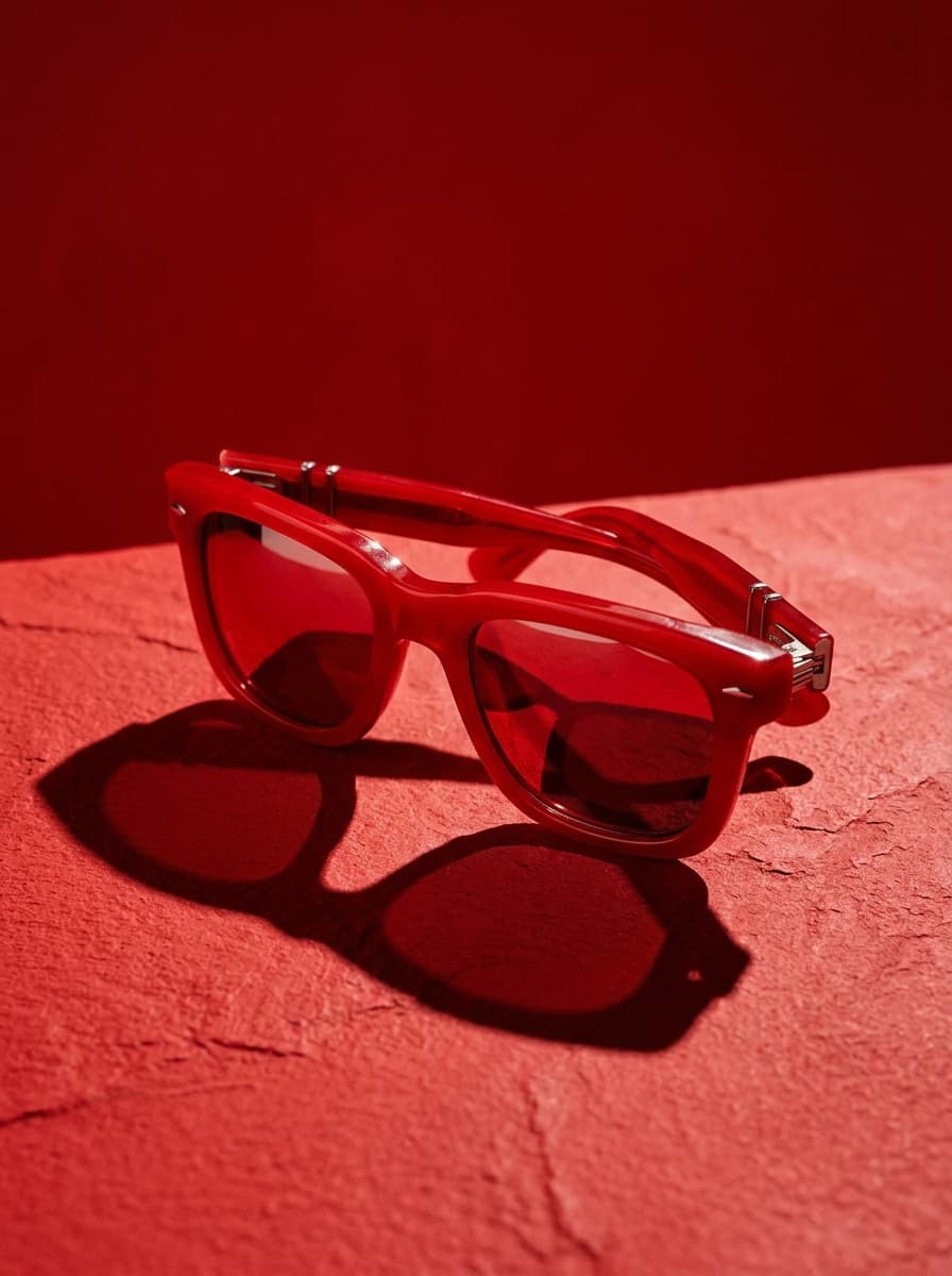 AI product photography scene — red folding sunglasses shadow crimson | rawbit
