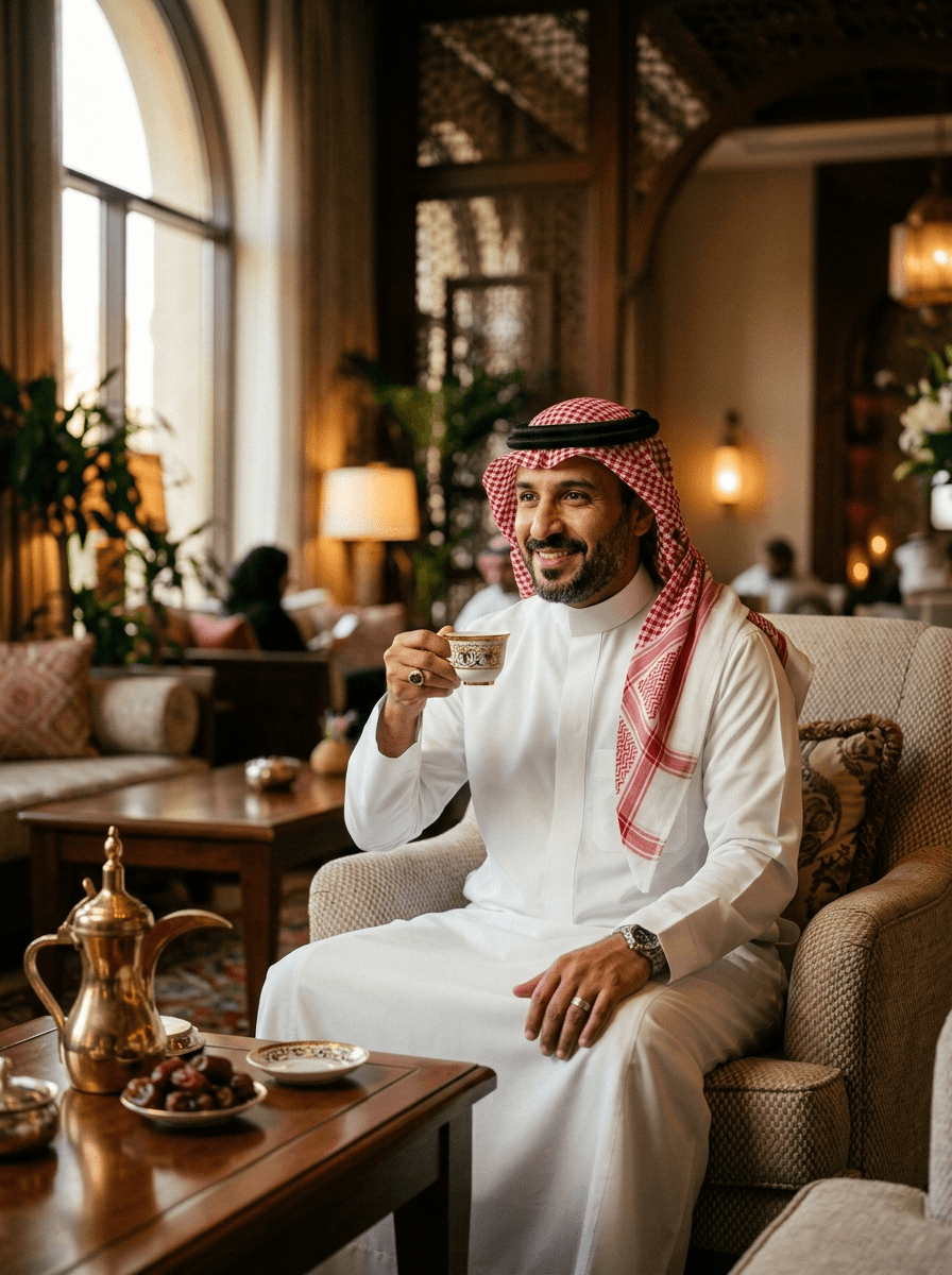 AI product photography scene — saudi man arabic coffee lounge | rawbit