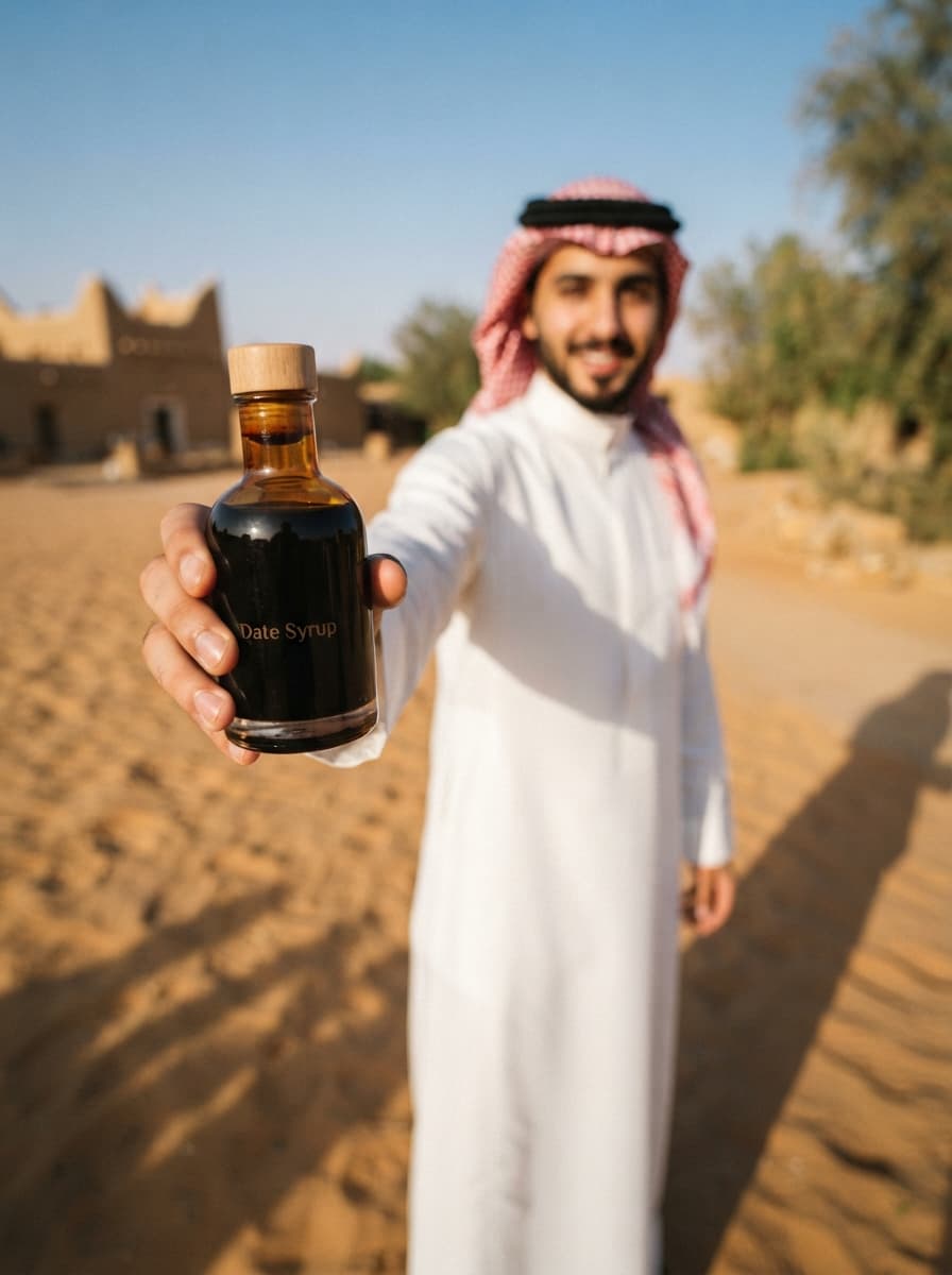 AI product photography scene — saudi man presenting date syrup desert | rawbit
