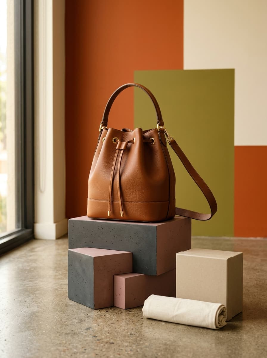 AI product photography scene — tan leather bucket bag geometric blocks | rawbit