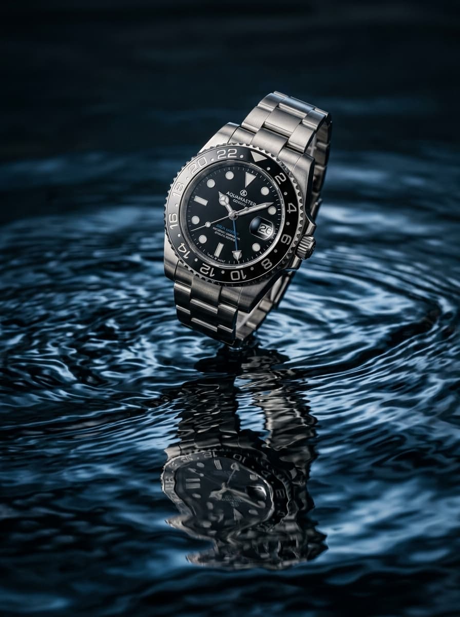 AI product photography scene — watch luxury dive floating above water | rawbit