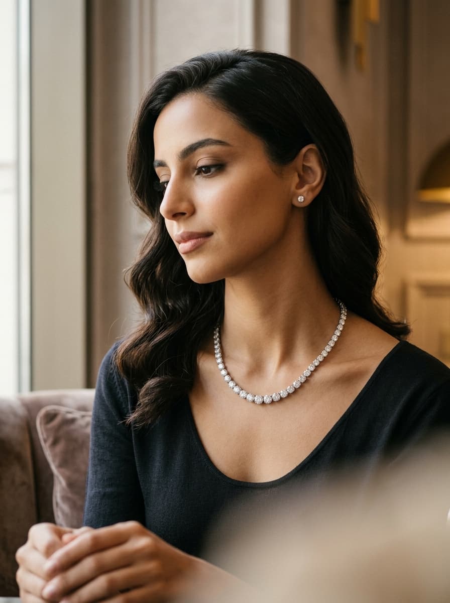 AI product photography scene — woman black dress diamond tennis necklace | rawbit
