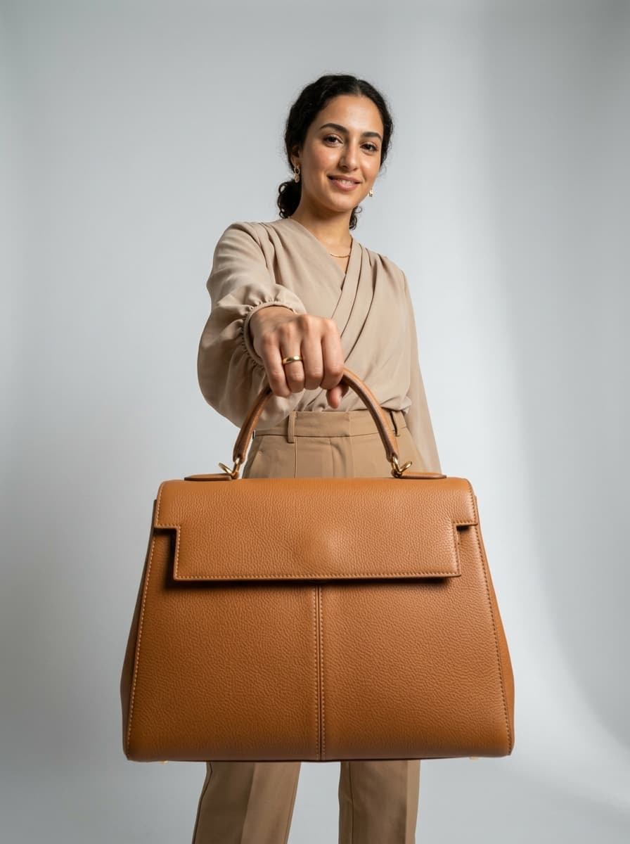 AI product photography scene — woman presenting tan leather handbag | rawbit