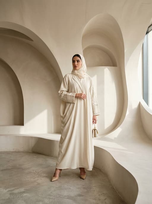 AI product photography scene — abaya ivory curved minimalist interior | rawbit AI product photography scene — abaya ivory curved minimalist interior | rawbit