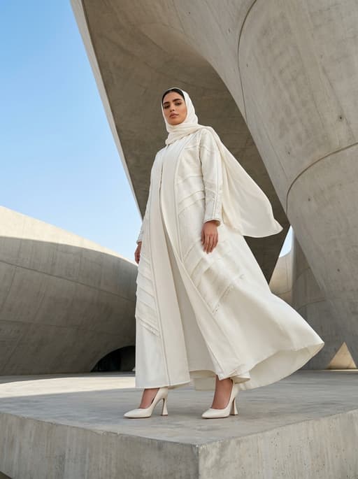 AI product photography scene — abaya white sculptural concrete architecture | rawbit AI product photography scene — abaya white sculptural concrete architecture | rawbit