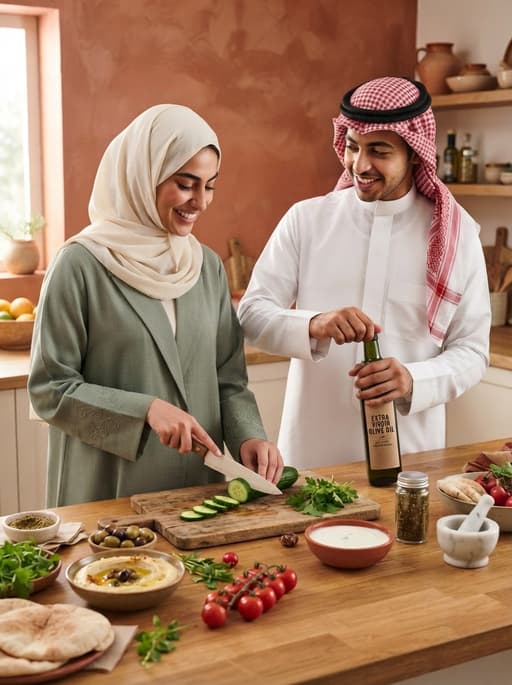 AI product photography scene — arab couple preparing mezze kitchen | rawbit AI product photography scene — arab couple preparing mezze kitchen | rawbit