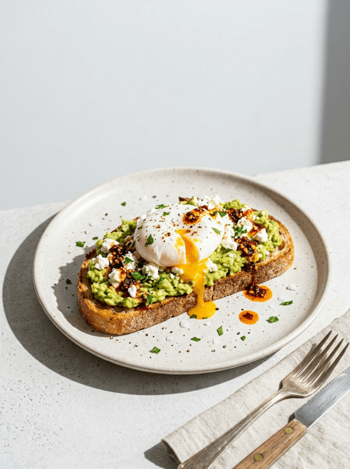 AI product photography scene — food poached egg avocado toast sunlight | rawbit AI product photography scene — food poached egg avocado toast sunlight | rawbit