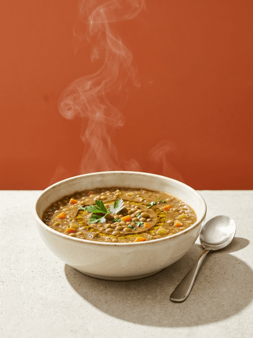 AI product photography scene — food steaming lentil soup terracotta | rawbit AI product photography scene — food steaming lentil soup terracotta | rawbit