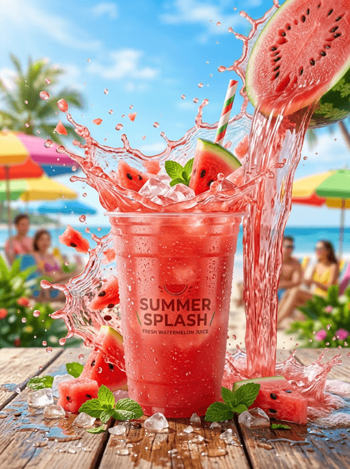 AI product photography scene — food watermelon juice splash beach | rawbit AI product photography scene — food watermelon juice splash beach | rawbit