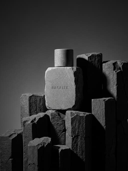 AI product photography scene — perfume basalte dark basalt columns | rawbit AI product photography scene — perfume basalte dark basalt columns | rawbit