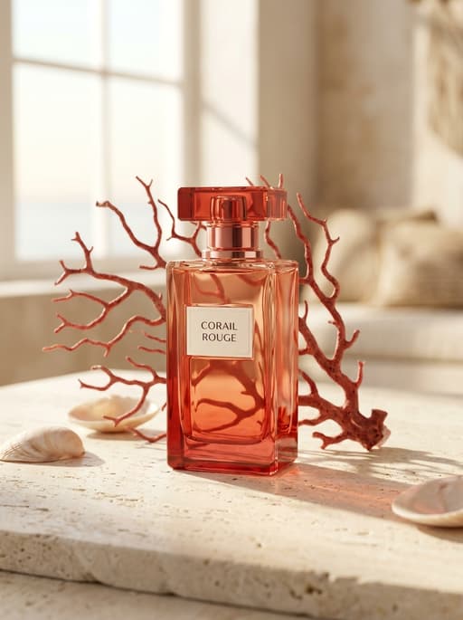 AI product photography scene — perfume corail rouge coral seashells | rawbit AI product photography scene — perfume corail rouge coral seashells | rawbit