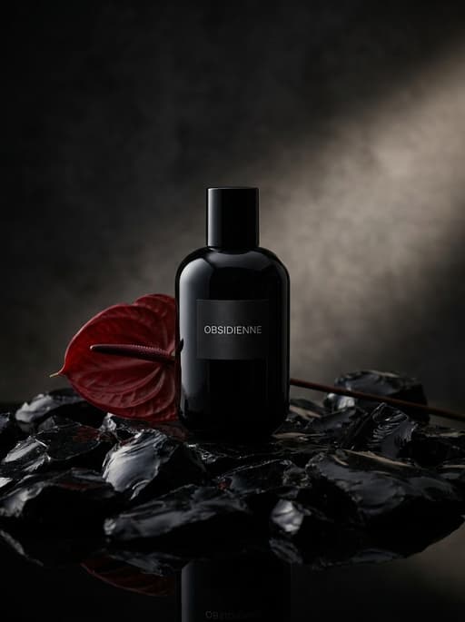 AI product photography scene — perfume obsidienne black obsidian red anthurium | rawbit AI product photography scene — perfume obsidienne black obsidian red anthurium | rawbit