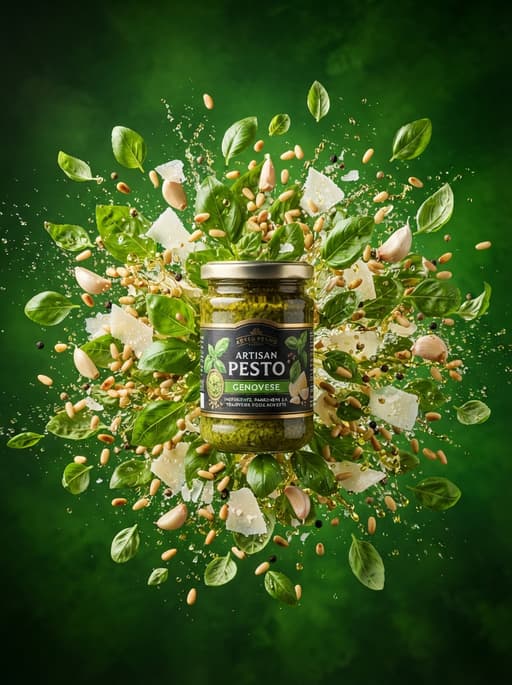 AI product photography scene — product artisan pesto jar basil burst | rawbit AI product photography scene — product artisan pesto jar basil burst | rawbit