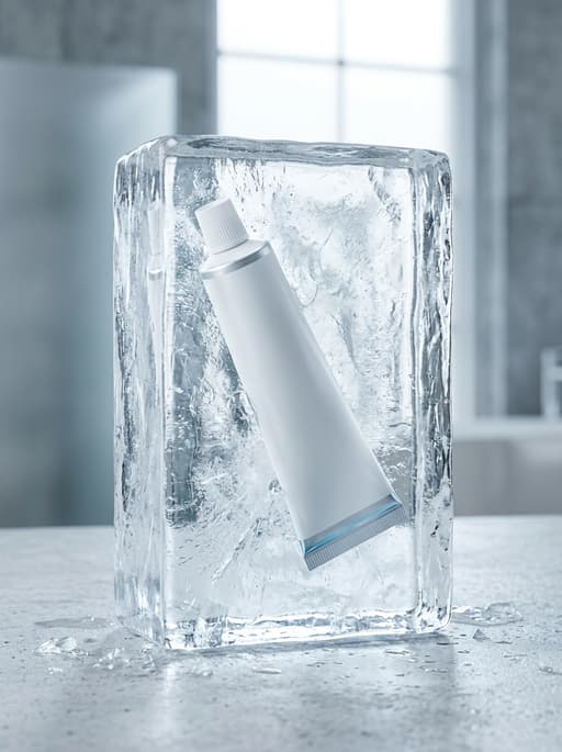 AI product photography scene — product white cosmetic tube frozen ice block | rawbit AI product photography scene — product white cosmetic tube frozen ice block | rawbit