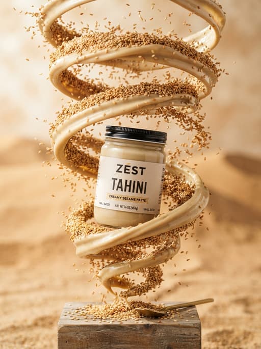 AI product photography scene — product zest tahini jar swirling sesame | rawbit AI product photography scene — product zest tahini jar swirling sesame | rawbit