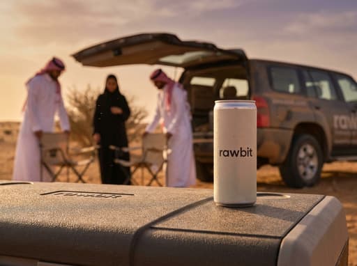 AI product photography scene — rawbit can cooler desert gathering | rawbit AI product photography scene — rawbit can cooler desert gathering | rawbit