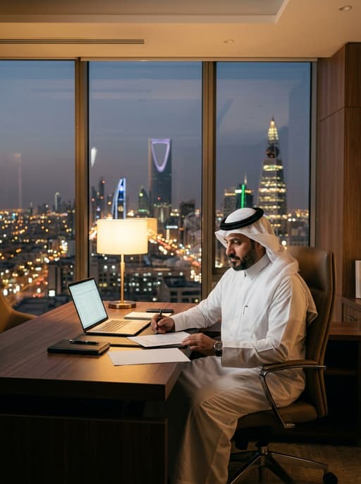 AI product photography scene — saudi businessman working late riyadh skyline | rawbit AI product photography scene — saudi businessman working late riyadh skyline | rawbit
