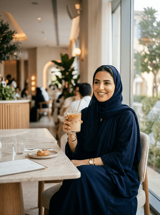 AI product photography scene — smiling woman iced coffee cafe | rawbit AI product photography scene — smiling woman iced coffee cafe | rawbit